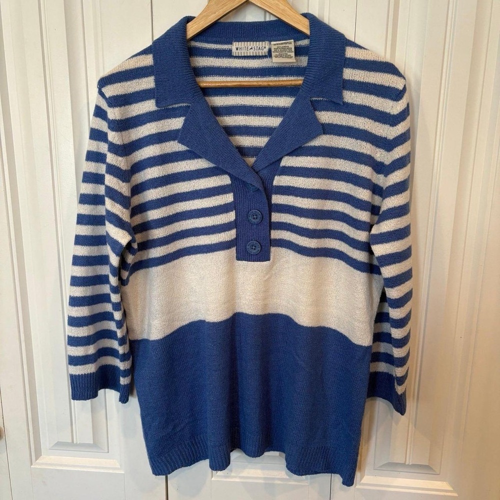 White Stag Navy and Cream V-Neck Sweater